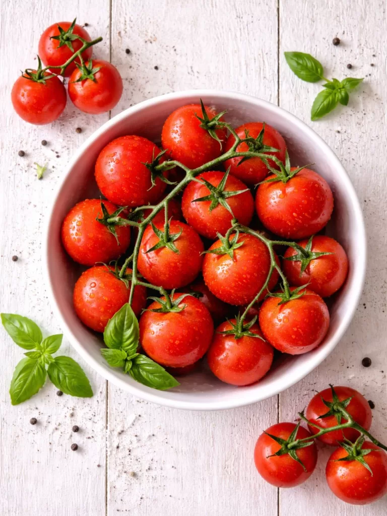 bowl of vine-ripened tomatoes on white timber background.