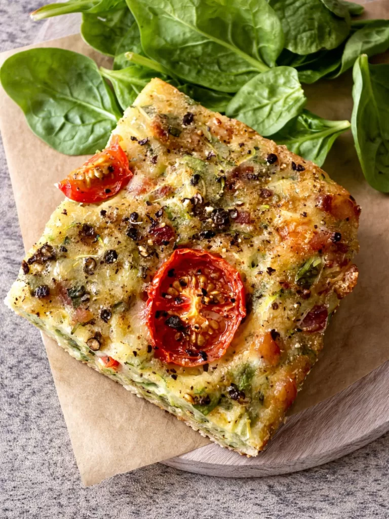 zucchini and bacon slice stacked on baking paper on board with spinach leaves scattered around