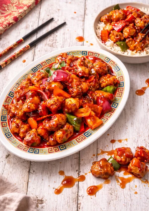 Overhead view of sweet and sour pork on a patterned oval platter set on rustic white timber slats, with a bowl of rice topped with pork in the background, glossy sauce drips and a few pieces of pork scattered on the table in natural light.