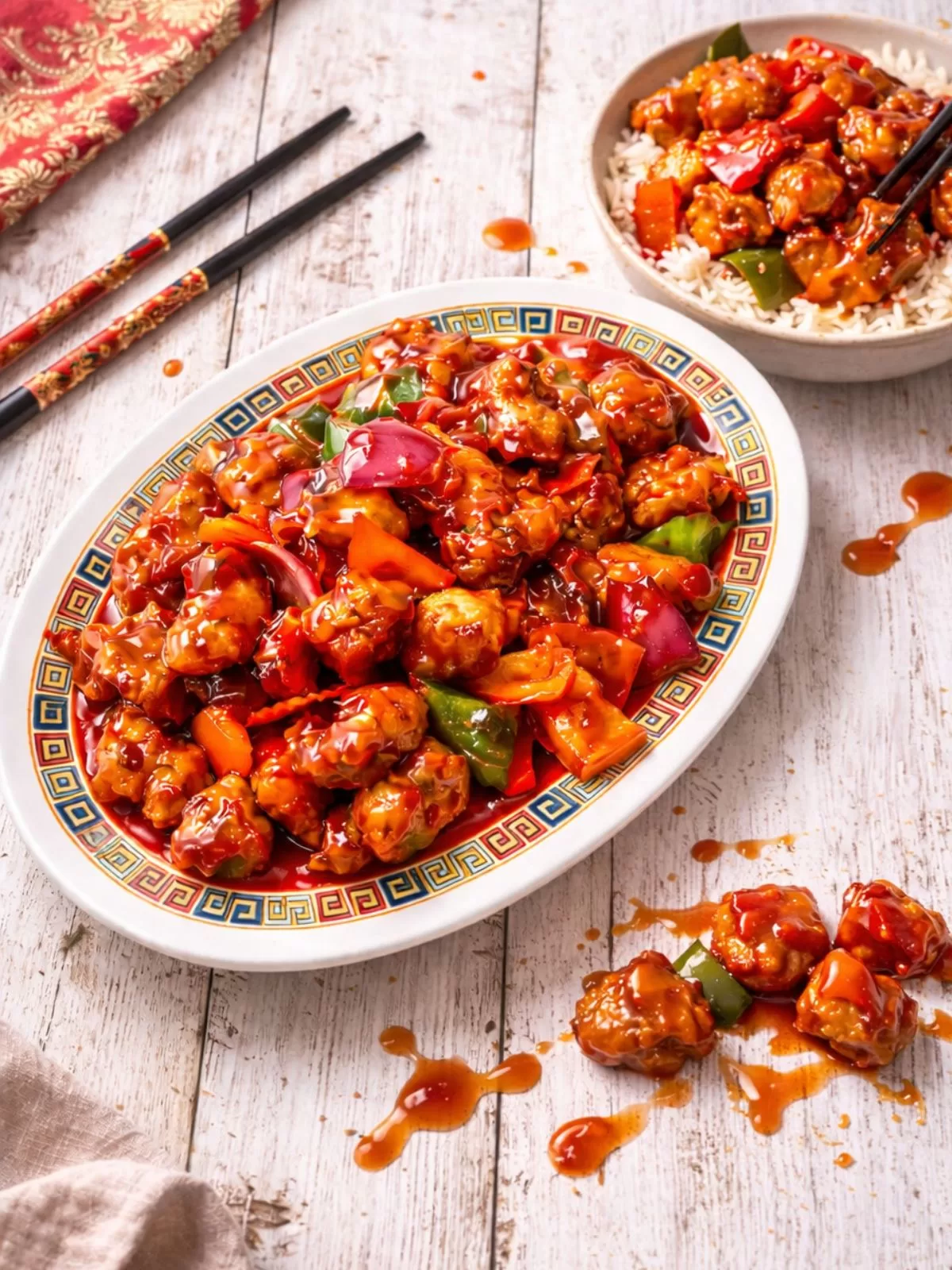 Overhead view of sweet and sour pork on a patterned oval platter set on rustic white timber slats, with a bowl of rice topped with pork in the background, glossy sauce drips and a few pieces of pork scattered on the table in natural light.