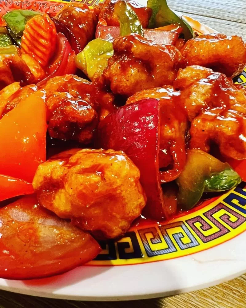 close up of sweet and sour pork