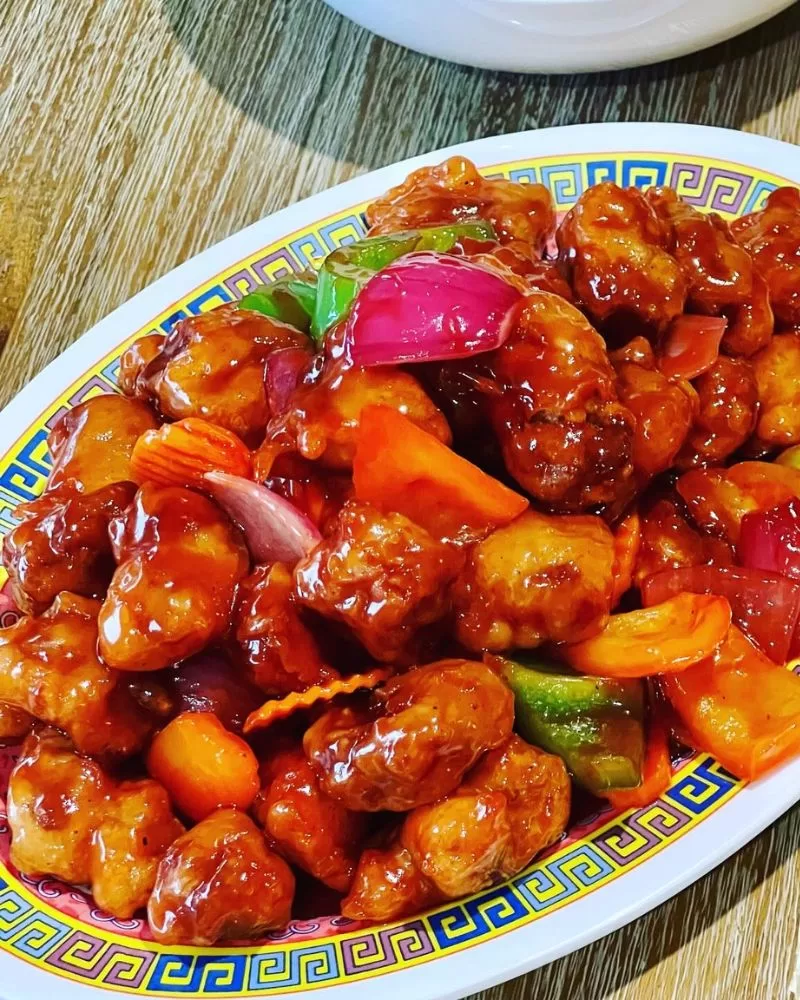 plate of Chinese sweet and sour pork
