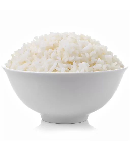 cooked rice in white bowl, white background