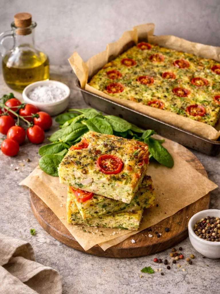 zucchini and bacon slice stacked on baking paper on board with slice in background. Tomatoes and spinach leaves scattered around
