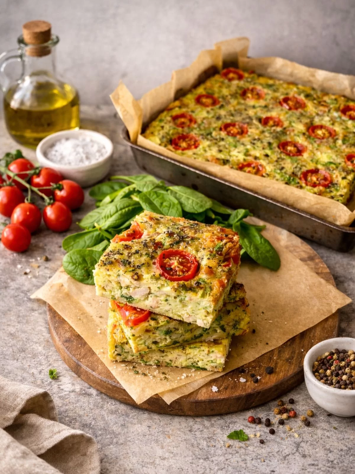 zucchini and bacon slice stacked on baking paper on board with slice in background. Tomatoes and spinach leaves scattered around