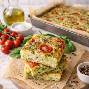 zucchini and bacon slice stacked on baking paper on board with slice in background. Tomatoes and spinach leaves scattered around