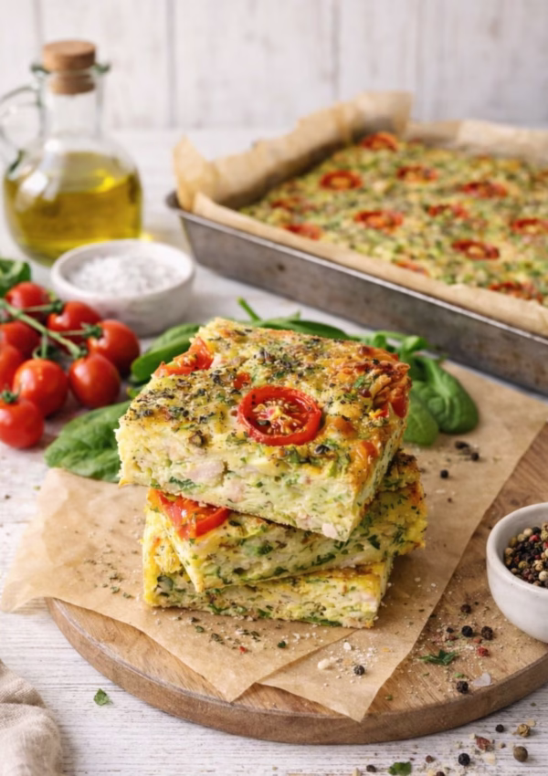 zucchini and bacon slice stacked on baking paper on board with slice in background. Tomatoes and spinach leaves scattered around
