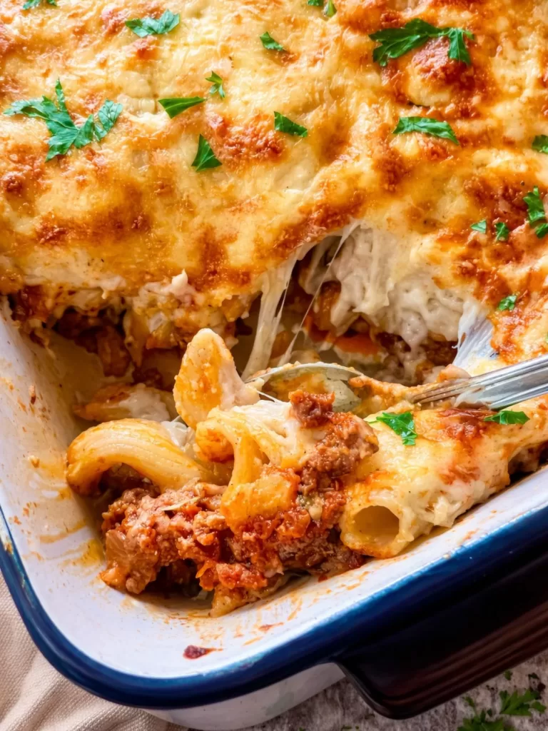 spooning out lamb pasta bake close up