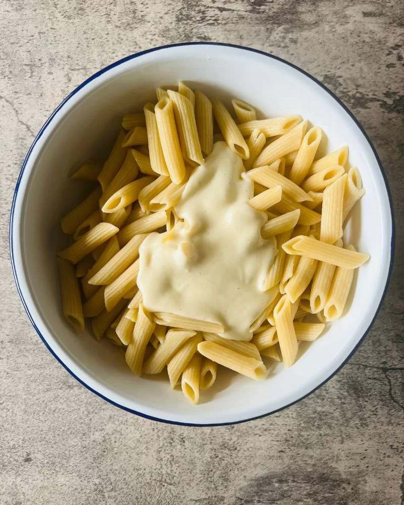 pasta and bechamel sauce in a bowl