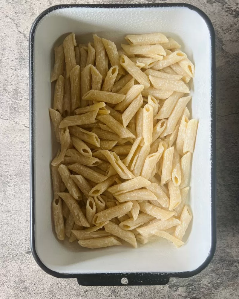 pasta in the base of a baking dish