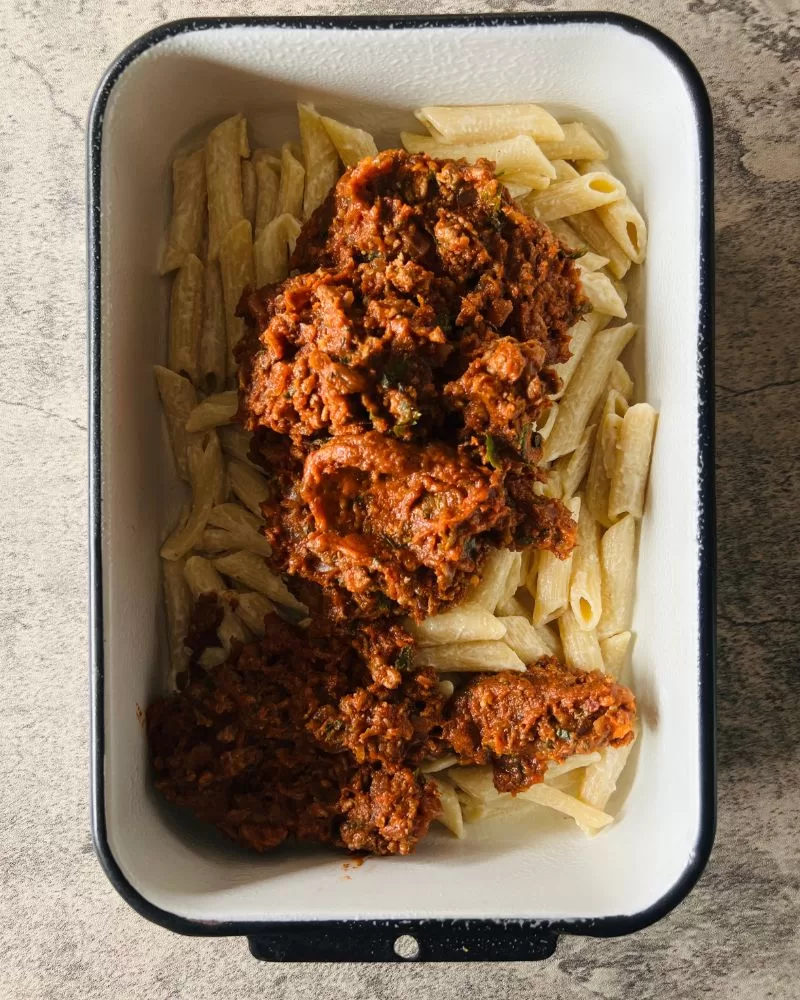 mince and pasta in baking dish