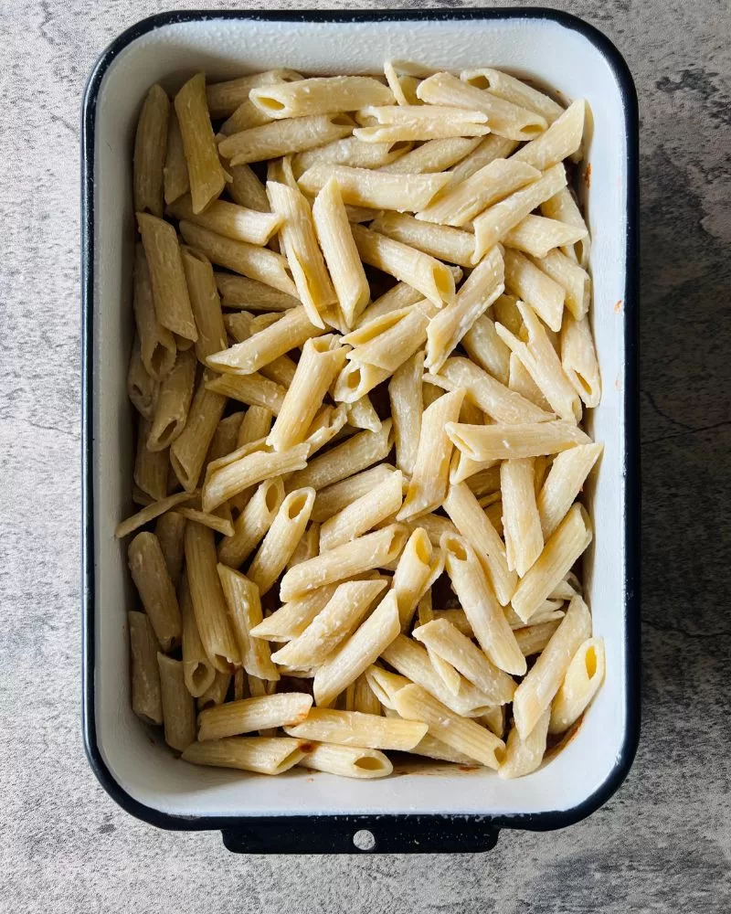 pasta in the base of a baking dish