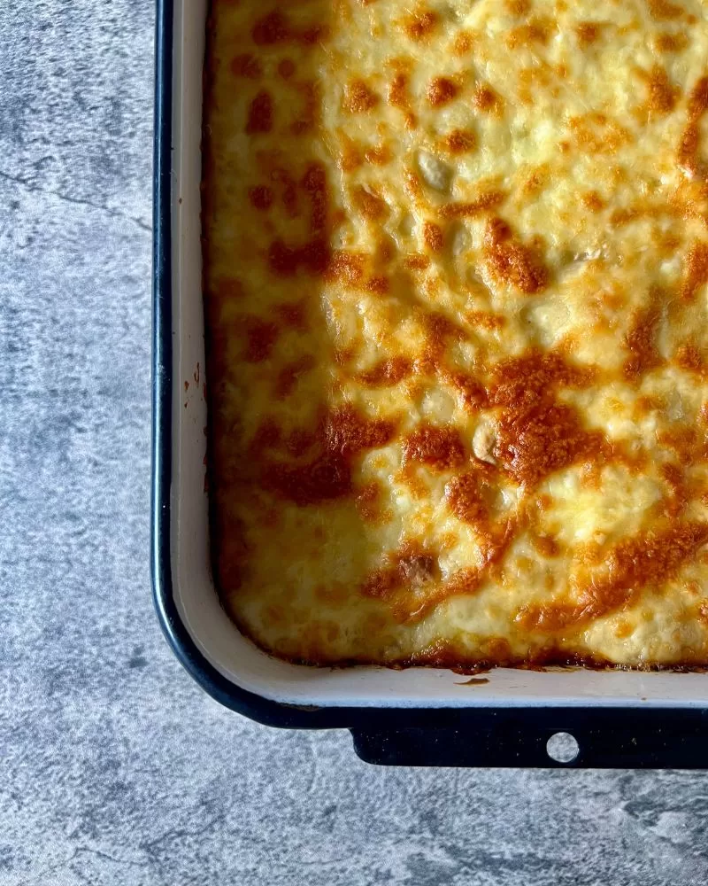 melted cheese on the pasta bake close up