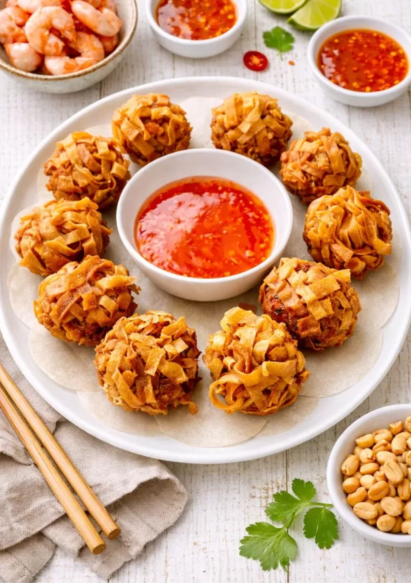 crispy prawn balls on white plate with bowl of sweet chilli sauce in the centre. Green background