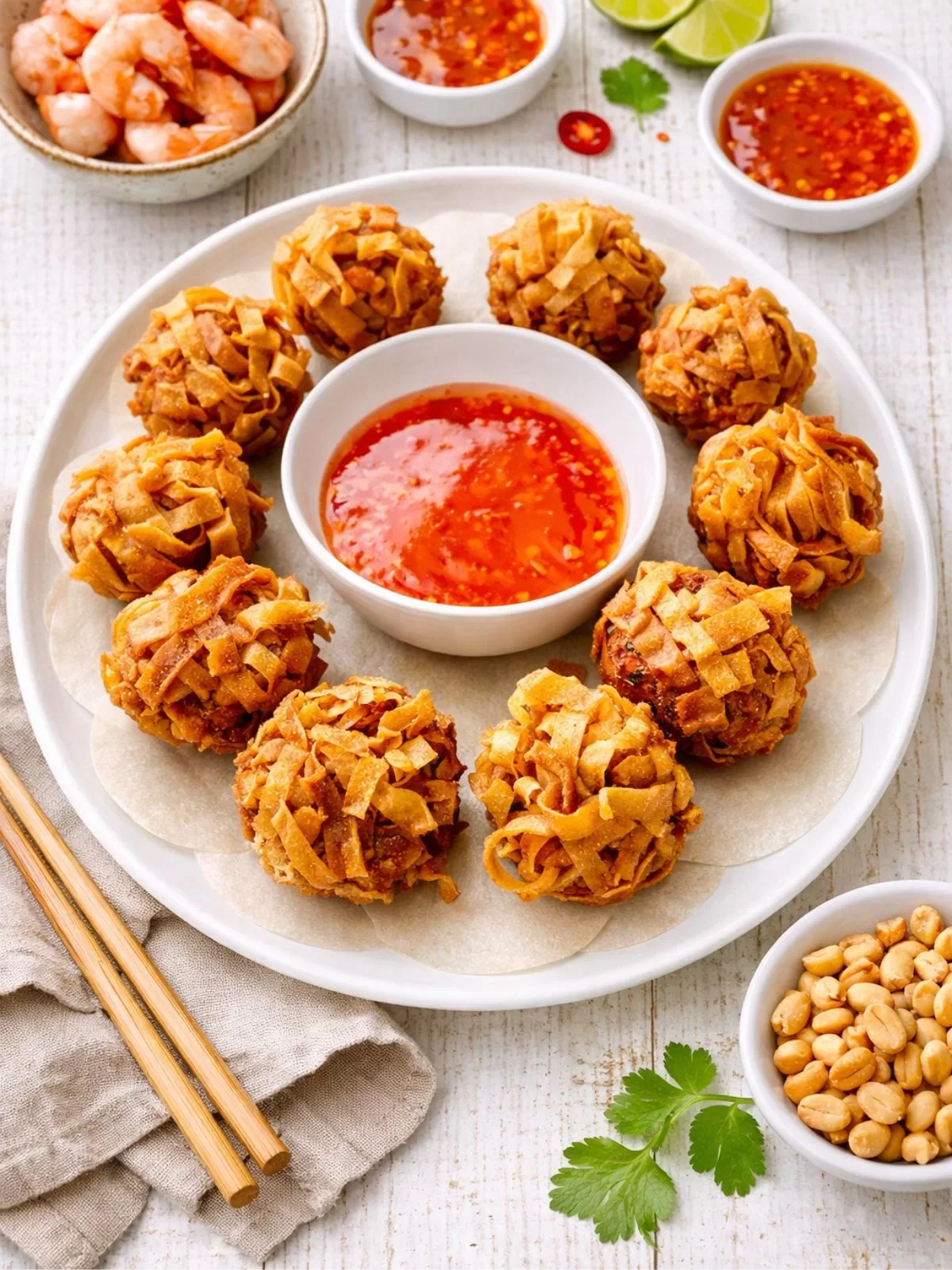 crispy prawn balls on white plate with bowl of sweet chilli sauce in the centre. Green background