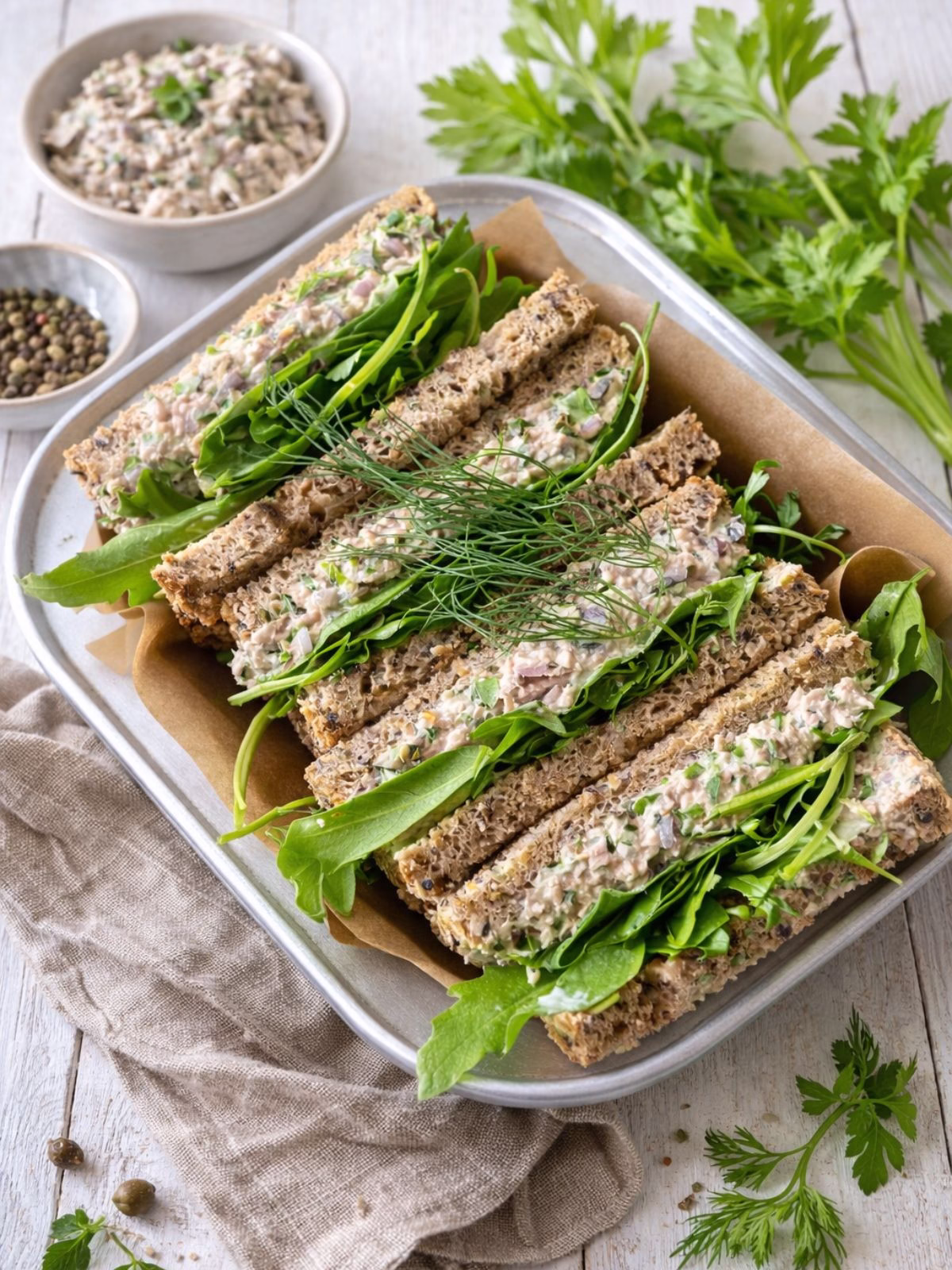 Best tuna sandwich made with creamy tuna salad and leafy greens on wholegrain bread, stacked on a tray with parchment paper, styled on a white slatted rustic timber background in natural light.