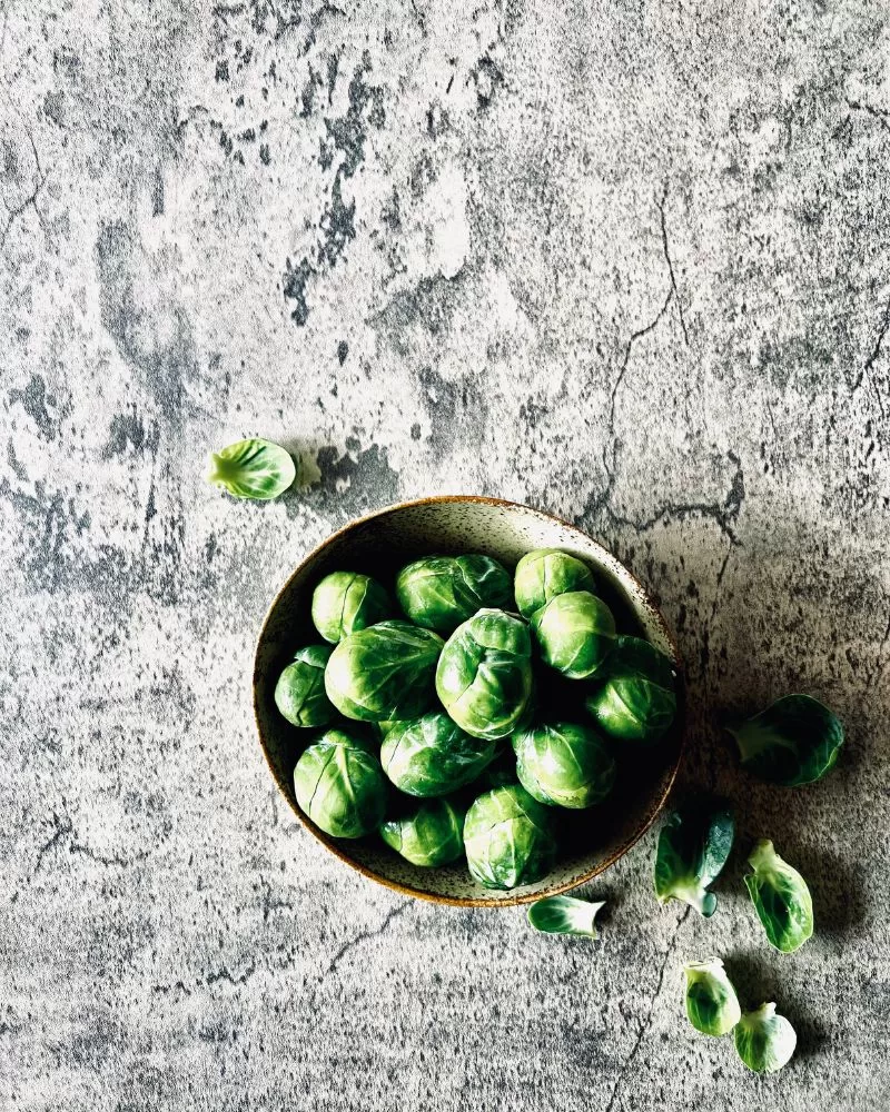 brussel sprouts in a bowl on grey background