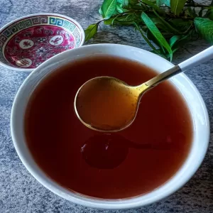 close up of sweet and sour sauce in bowl with a spoon