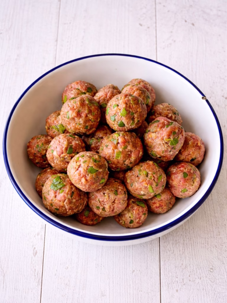 Bowl of raw lamb meatballs mixed with herbs ready for cooking on a white timber background.