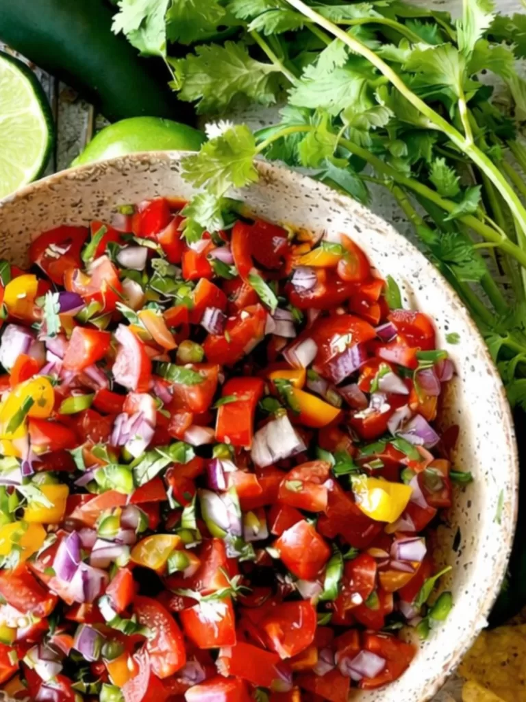 Overhead photo of fresh pico de gallo in a speckled ceramic bowl on a rustic white timber table,