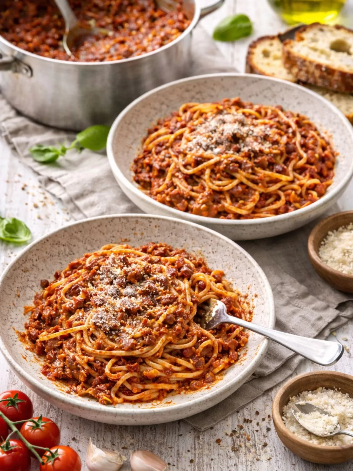 2 bowls of spaghetti bolognese with saucepan in background filled with meat sauce. props of bread, parmesan around it.