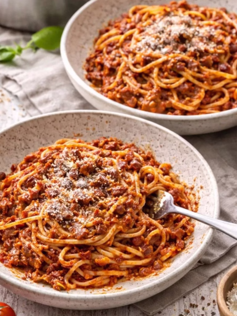Two bowls of spaghetti bolognese topped with parmesan on a white wooden table, with a pot of meat sauce in the background.