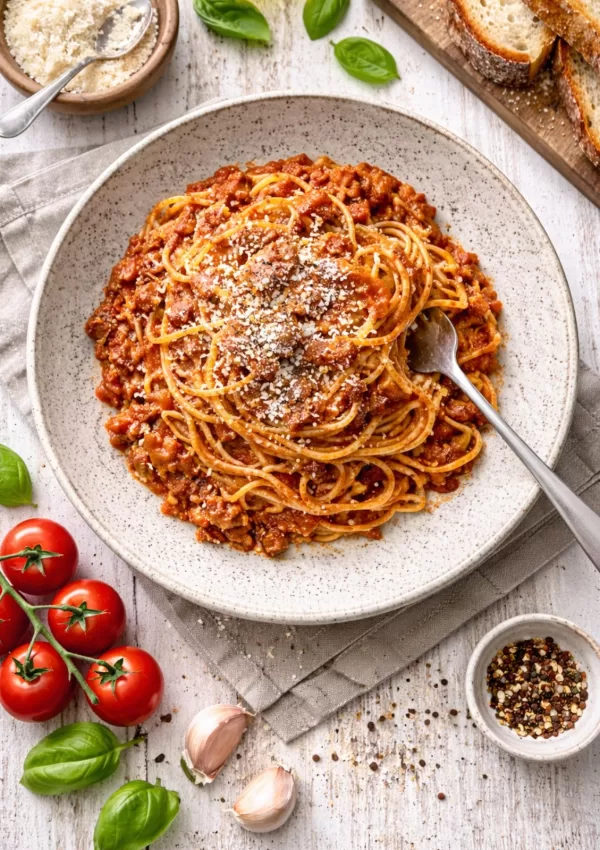 Overhead view of spaghetti bolognese in a bowl on a white wooden table with parmesan and a fork.