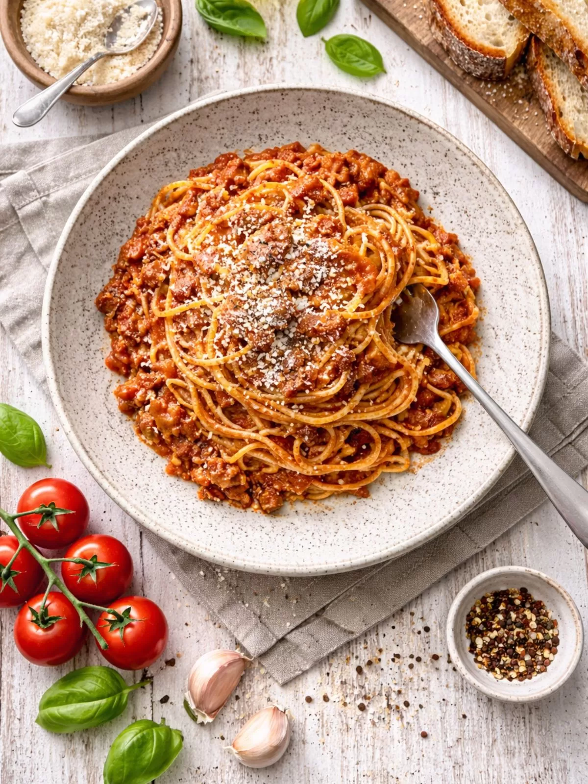Overhead view of spaghetti bolognese in a bowl on a white wooden table with parmesan and a fork.