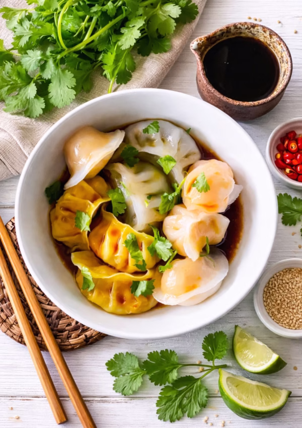 bowl of dumplings with dumplings sauce bieng poured over.