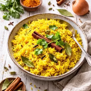Indian yellow rice in a ceramic bowl, garnished with cinnamon sticks and bay leaves, on a white wooden background with spices and a brown onion.