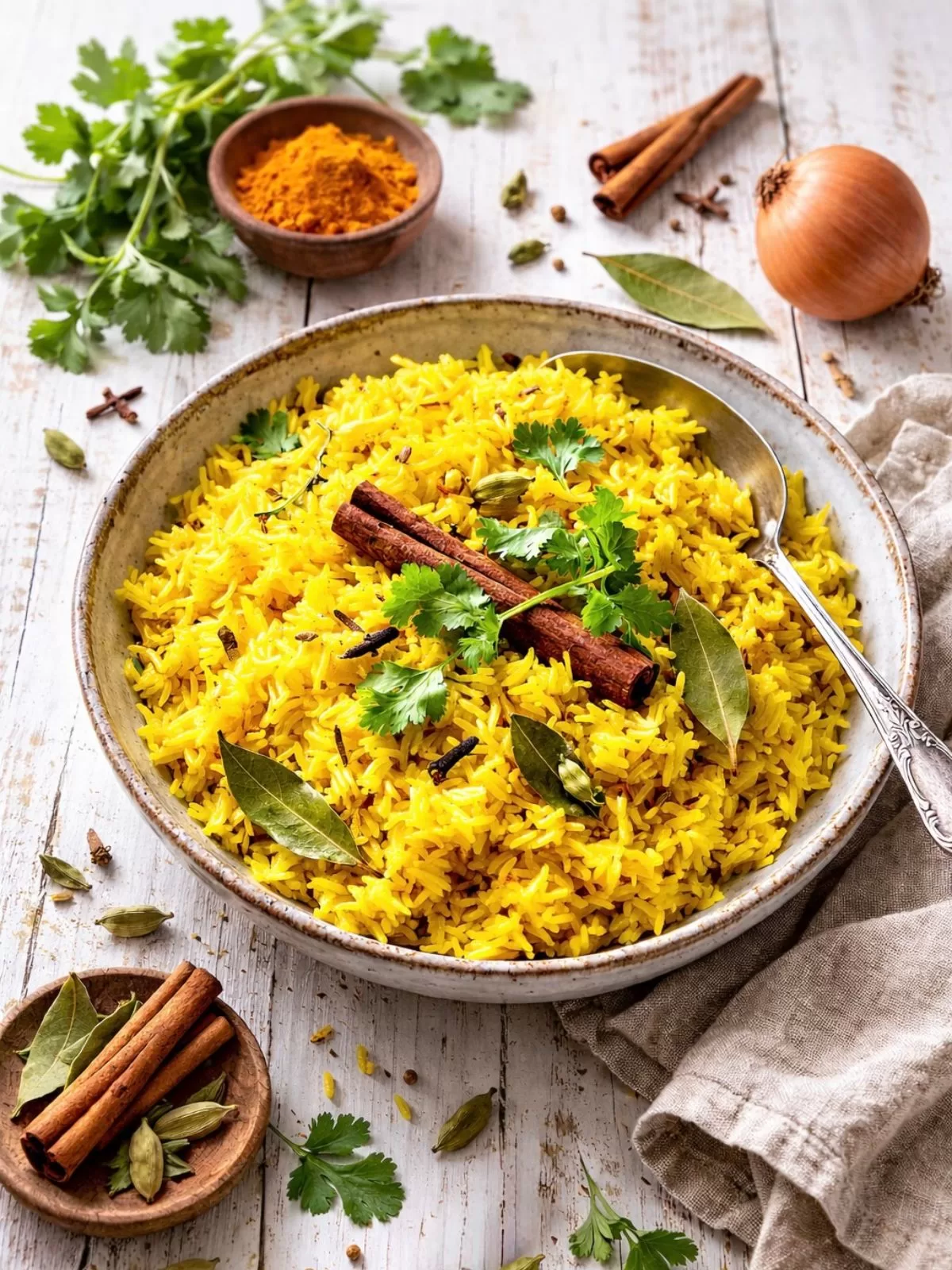 Indian yellow rice in a ceramic bowl, garnished with cinnamon sticks and bay leaves, on a white wooden background with spices and a brown onion.