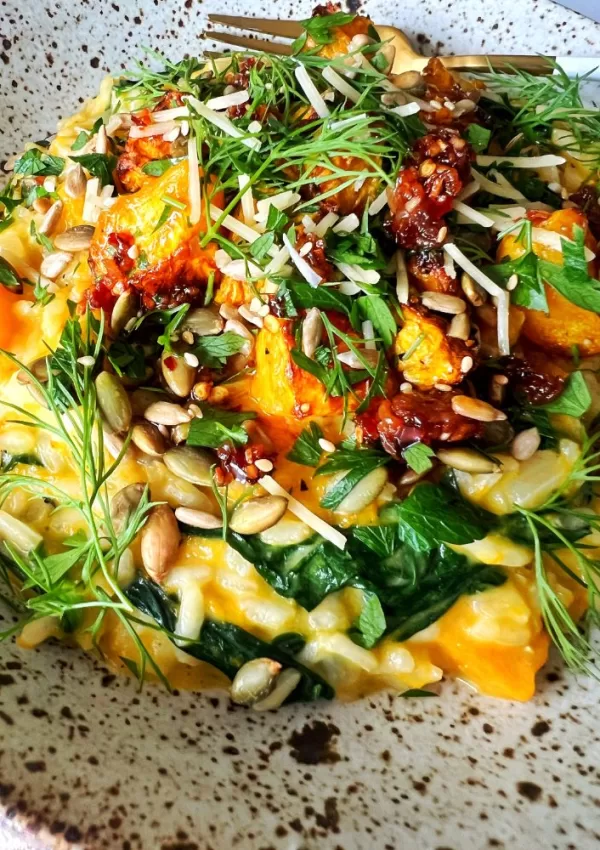 Pumpkin & Spinach Risotto with Roasted Seeds, Herbs & Chilli Oil