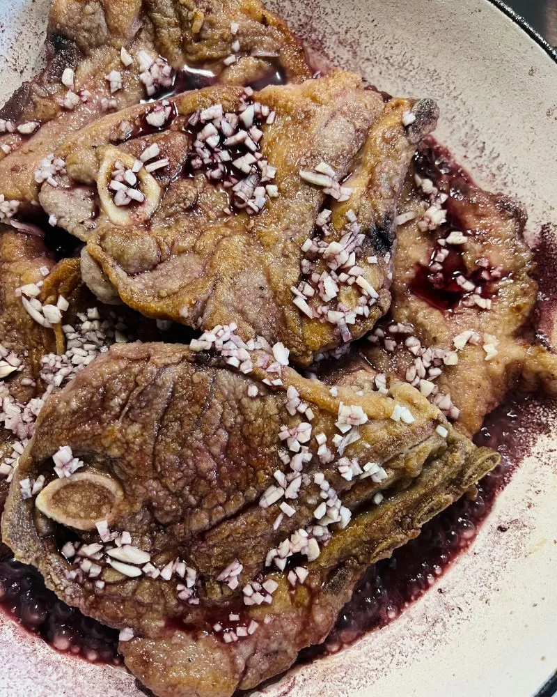 garlic, lamb chops and red wine cooking