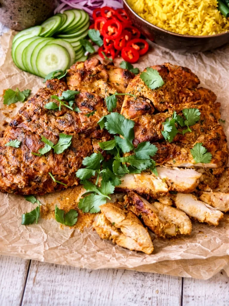 Indian spiced chicken thighs served on parchment with turmeric rice, green beans, cucumber, red onion, fresh coriander and a creamy green sauce on a white timber table.