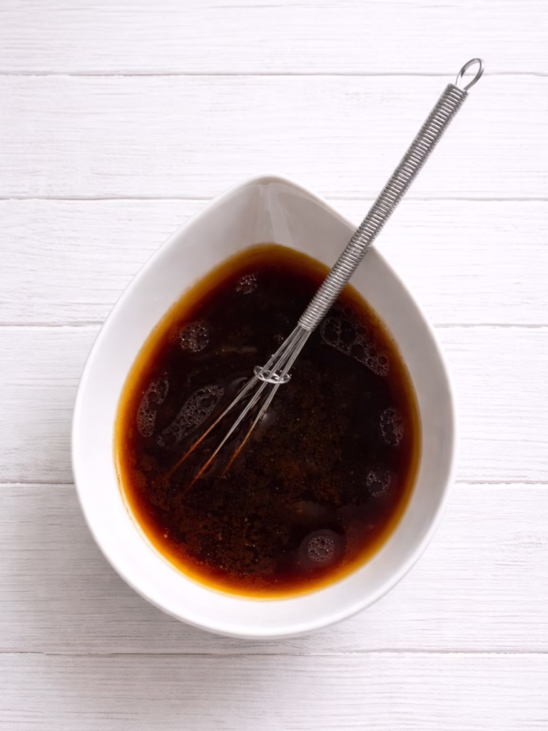 dumpling sauce in a white dish with small metal whisk in it