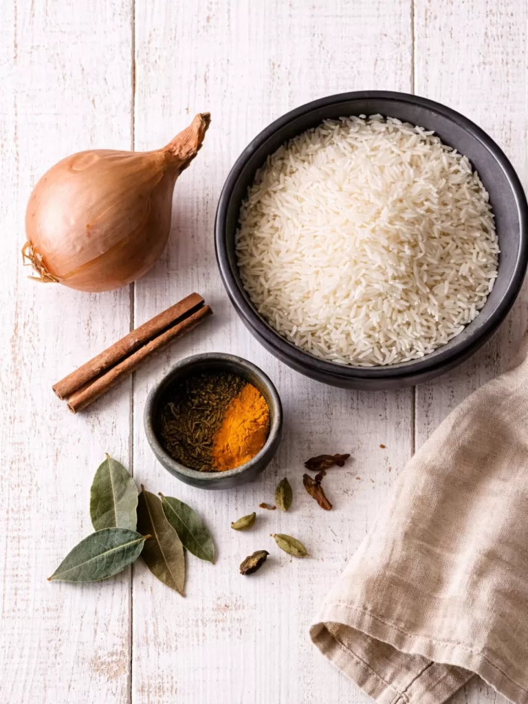 Bowl of uncooked basmati rice with brown onion, cinnamon sticks, bay leaves and spices on a white wooden background.