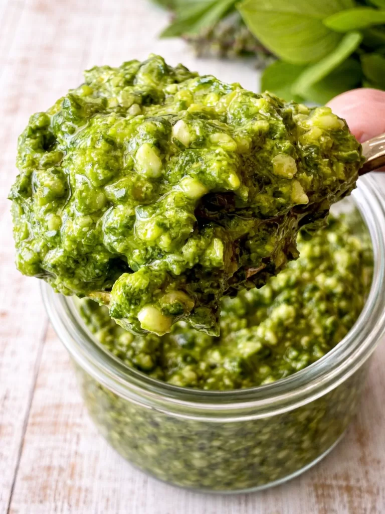 Close-up of chunky Thai basil pesto on a spoon above a glass jar, set on a white timber background with soft natural light highlighting the vibrant green texture.