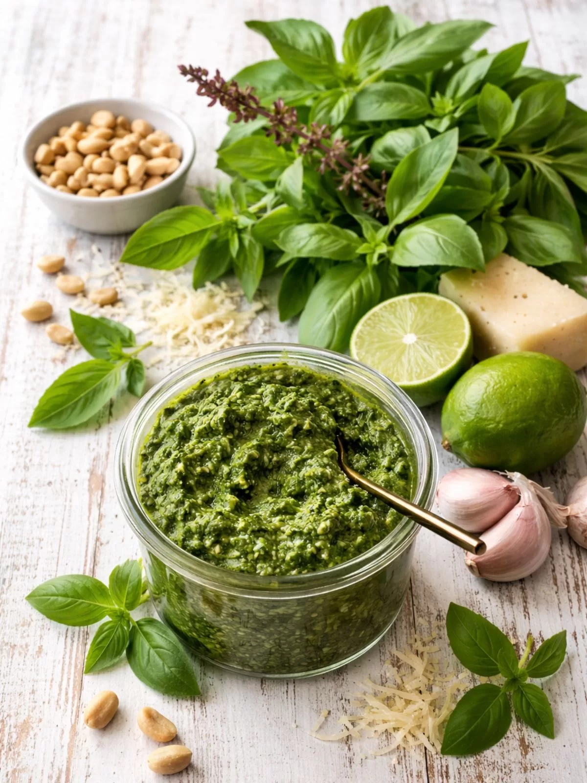 Overhead flat lay of Thai basil pesto in a glass jar with a spoon, surrounded by fresh Thai basil leaves, roasted peanuts, lime halves, garlic cloves and grated parmesan on a white timber background in natural light.