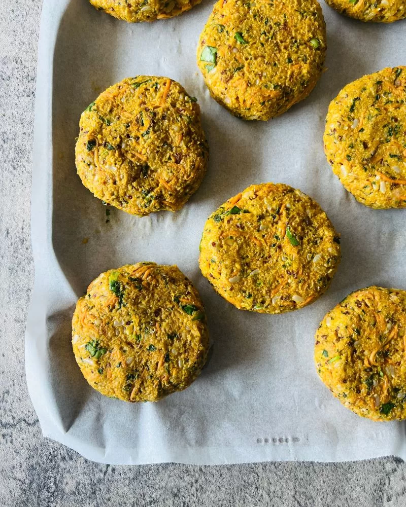 veggie burgers formed on a tray