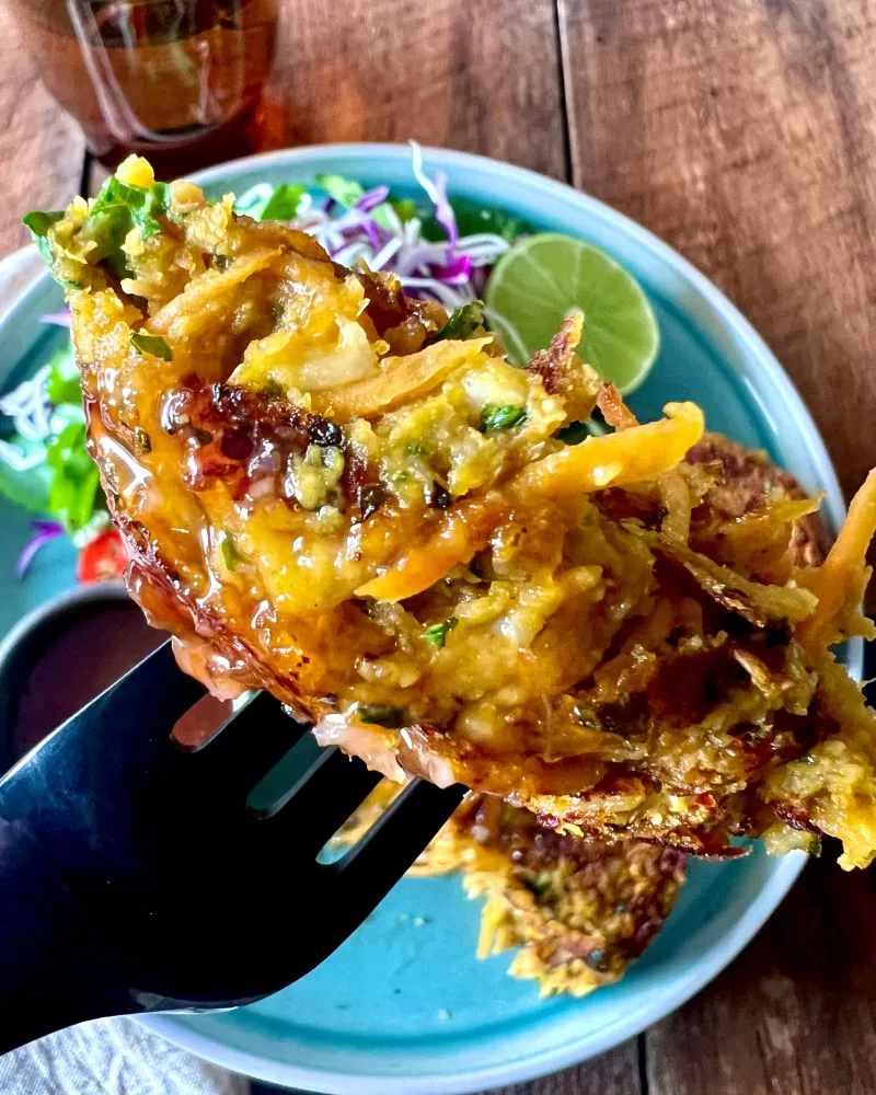 bite of veggie patties on a fork