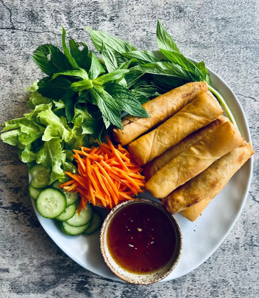 Fried spring rolls on a white plate with carrot, cucumber, lettuce, mint and dipping sauce. Grey marble background