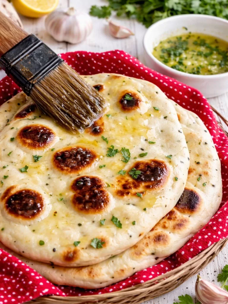 Close-up of freshly cooked no-yeast naan bread brushed with garlic herb butter, stacked in a basket lined with a red cloth, with a small bowl of melted butter on a white timber background.