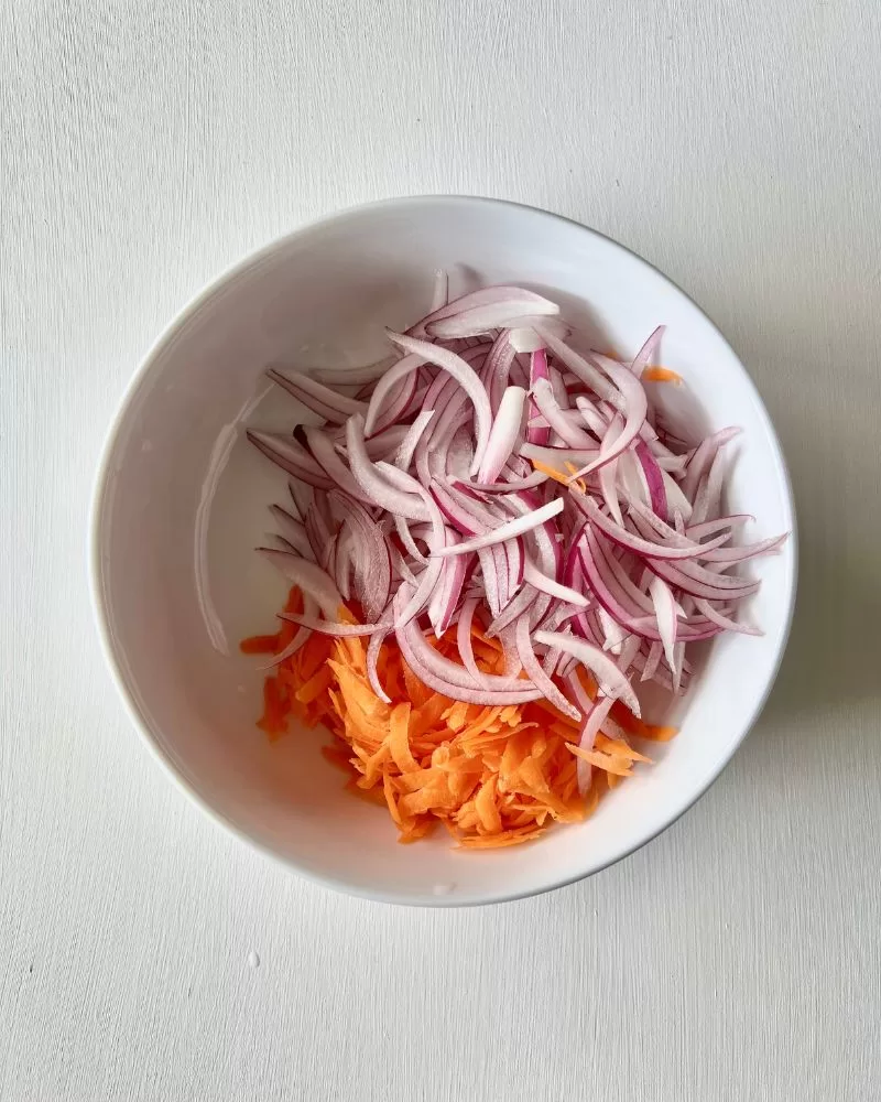 grated carrot and sliced red onion in white bowl. White background