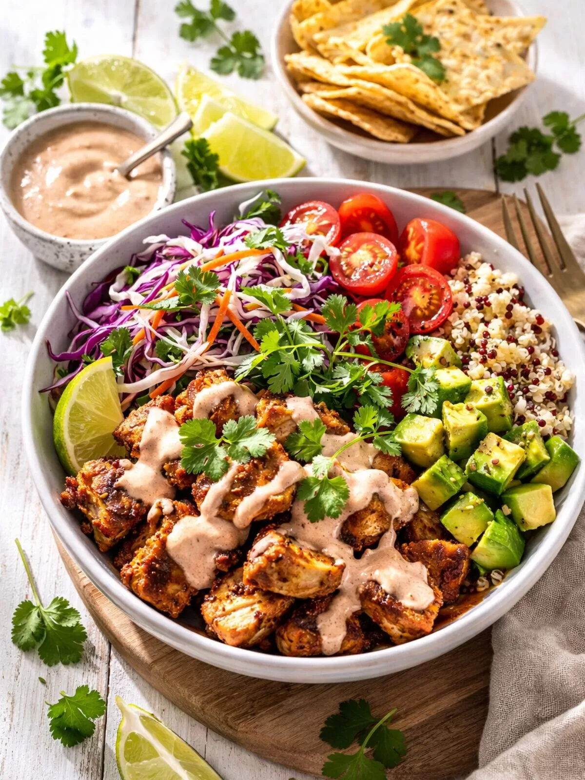 Chicken chipotle bowl with Mexican slaw served in a white bowl on a wooden board over a rustic white timber table, topped with creamy chipotle sauce, avocado, cherry tomatoes, mixed grains and fresh coriander, with lime wedges, tortilla chips and extra sauce on the side in natural light.