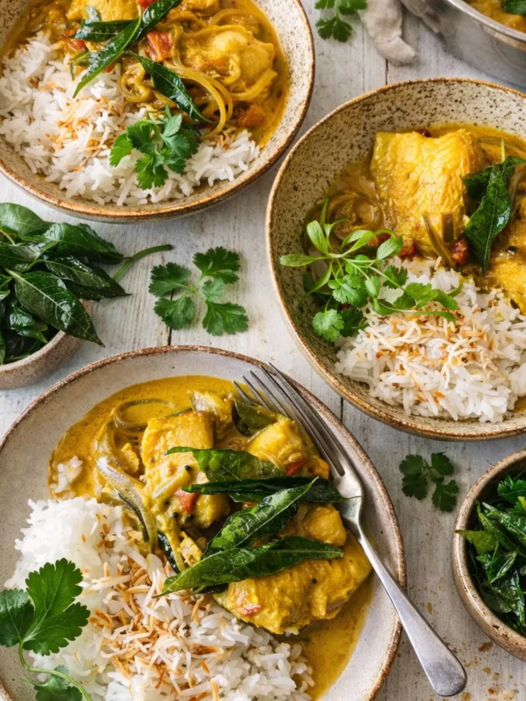 Kerala fish curry served with basmati rice in ceramic bowls on a white timber table, garnished with curry leaves, herbs and toasted coconut in natural light.