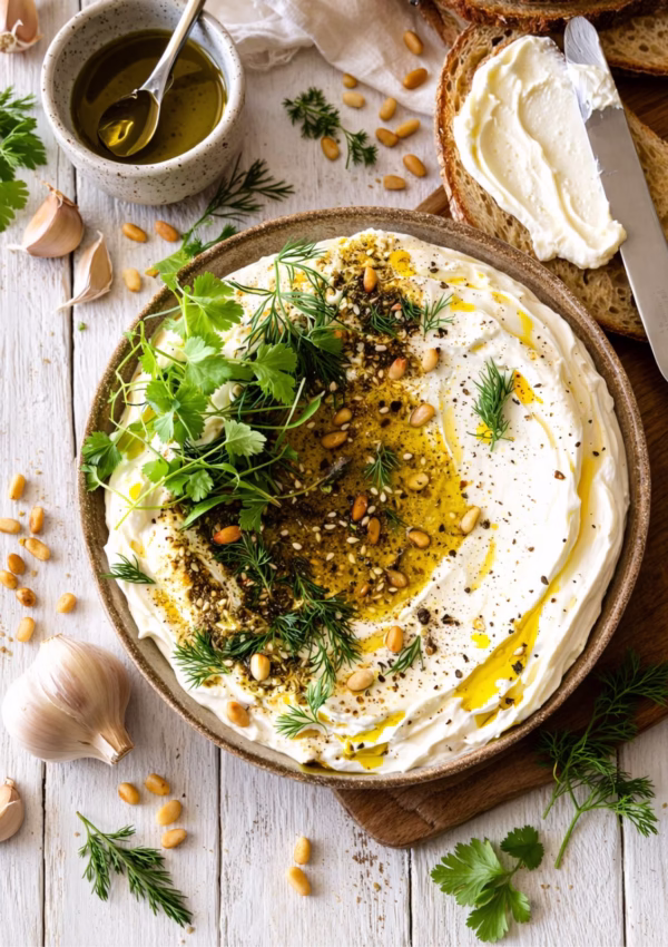 Creamy Garlic Labneh Dip with Za’atar & Pine Nuts