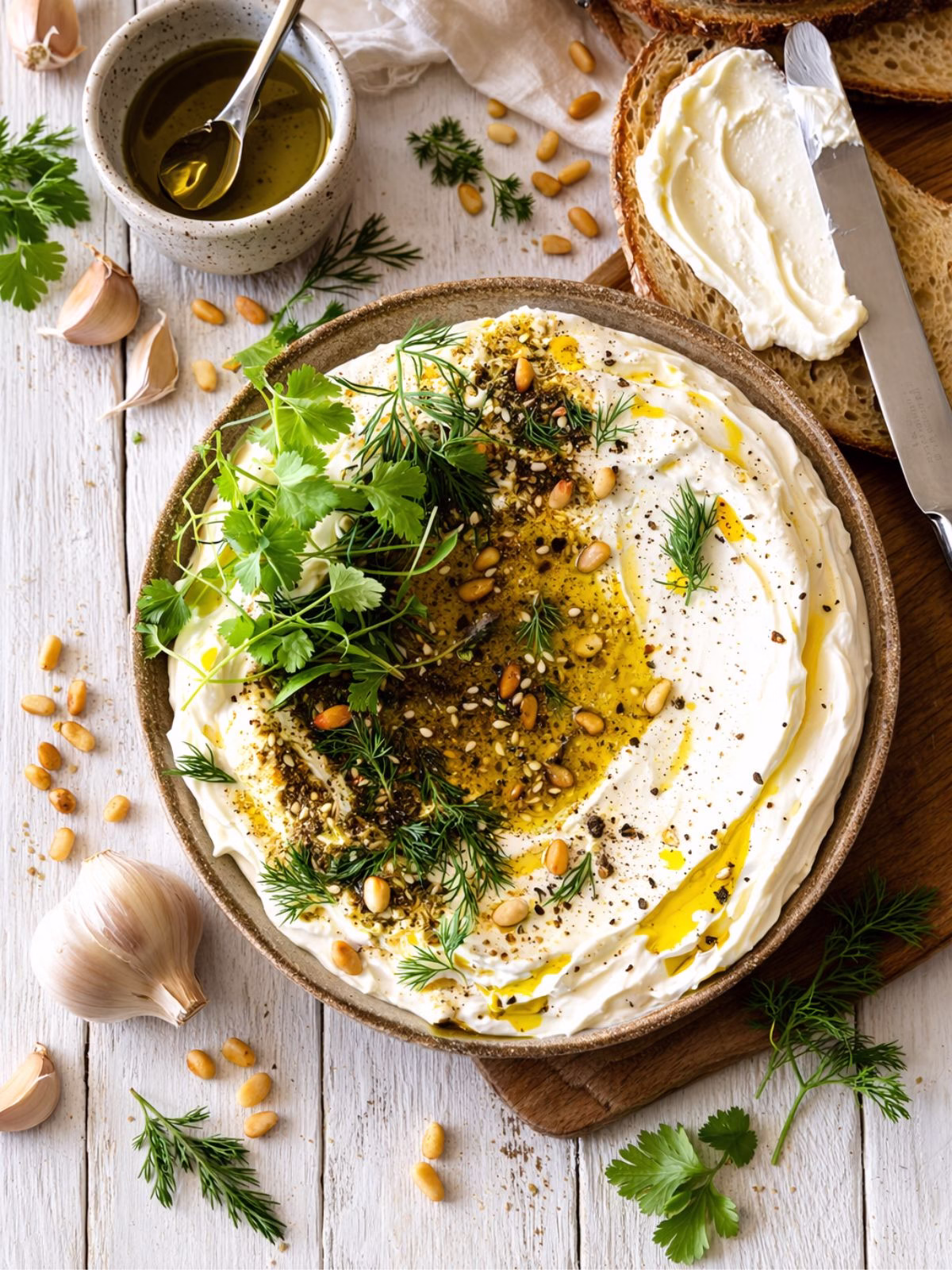 Garlic labneh in a rustic bowl with olive oil, pine nuts, herbs, and sourdough on a white timber table.