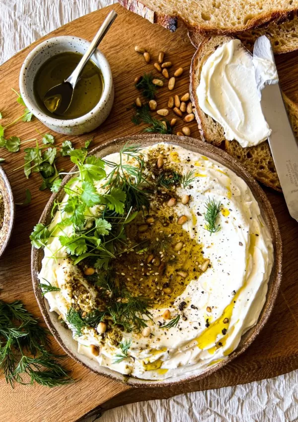 Garlic Labneh Dip with Za`atar, Pine Nuts & Herbs