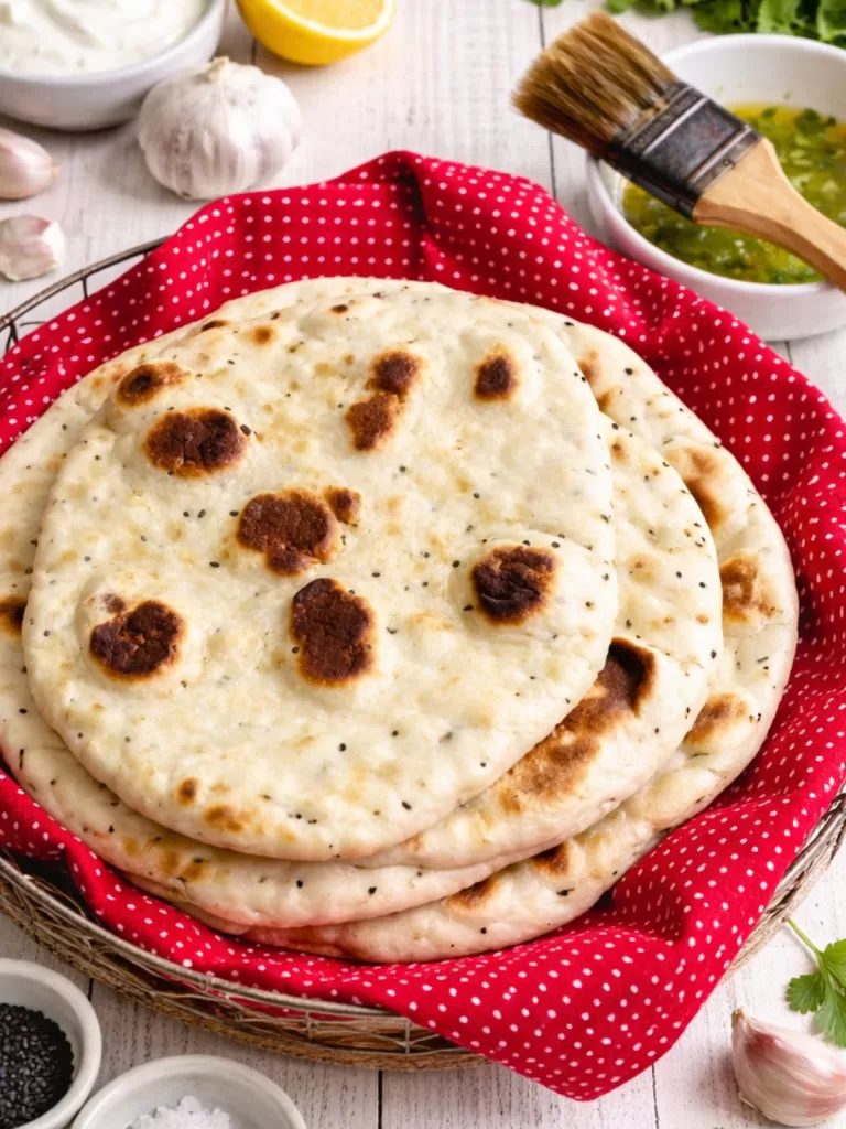tack of golden no-yeast naan bread in a basket lined with a red cloth, brushed with garlic herb butter, on a rustic white timber table with small bowls of salt and nigella seeds.