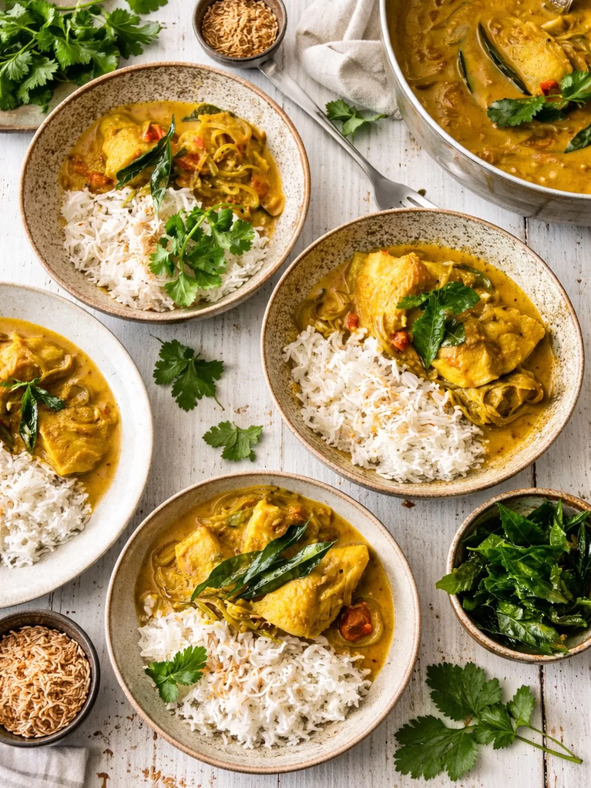 Kerala fish curry served with basmati rice in ceramic bowls on a white timber table, garnished with curry leaves and fresh herbs in natural light.
